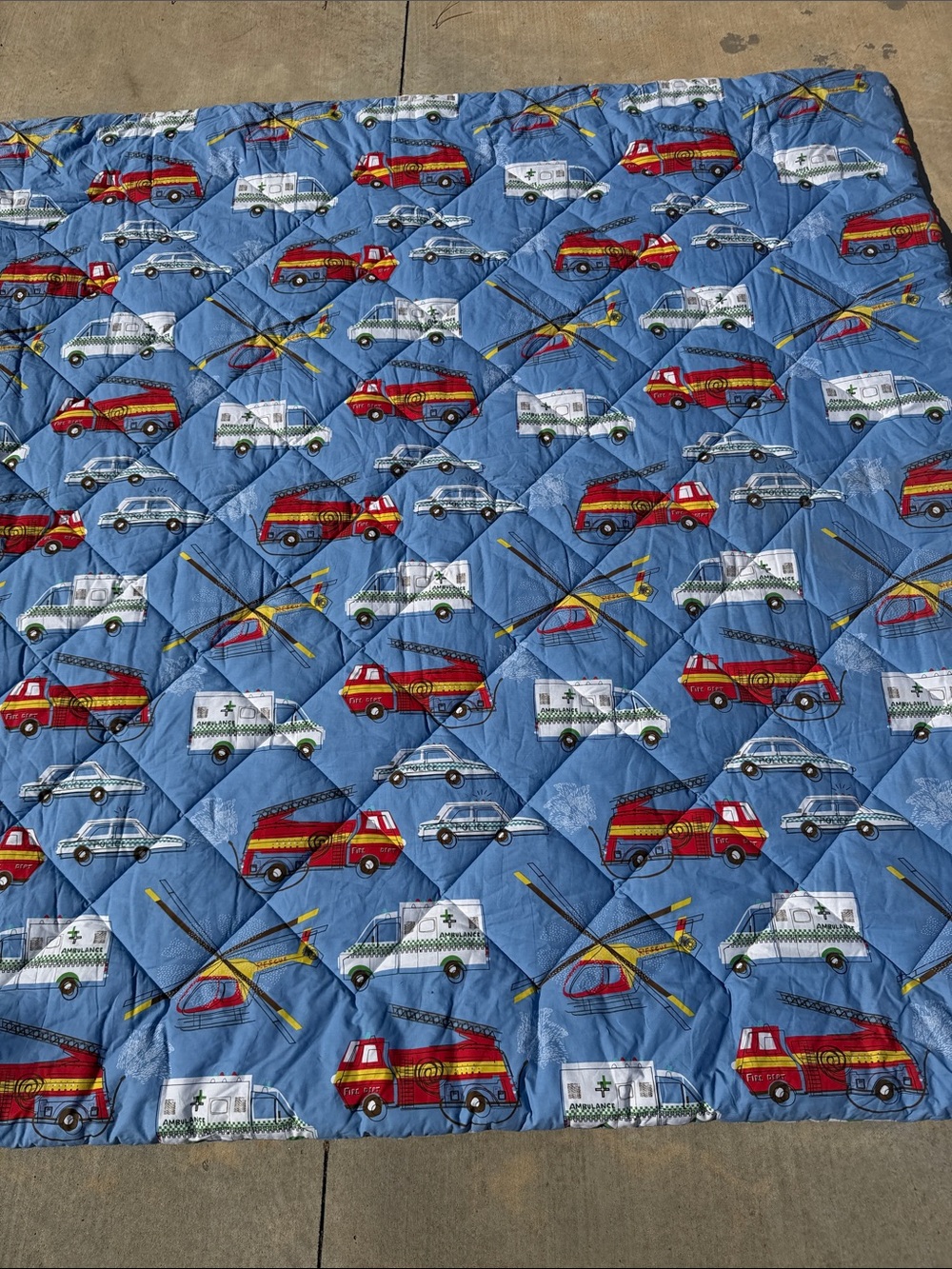 Blue Kids Emergency Vehicles Quilt - Fire Truck & Ambulance Print